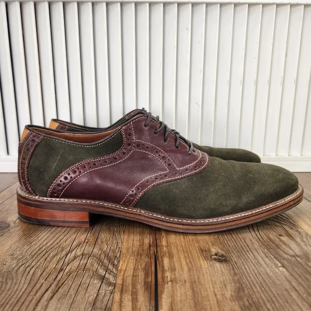 Johnston & Murphy Warner Saddle Oxford Shoes Men's 11 D Brown Green Suede Preppy